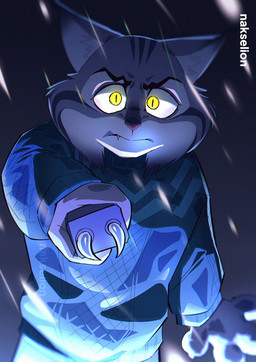 anthro clothed clothing fangs fur grey_body grey_fur holding_object looking_at_viewer male pattern_clothing serious_face solo teeth weapon yellow_eyes nakselion disney zootopia pawbert_lynxley canada_lynx felid feline lynx mammal digital_media_(artwork) hi_res