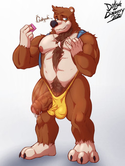 3_toes anthro backpack balls barazoku big_penis blue_eyes bodily_fluids brown_balls brown_body brown_fur brown_penis chest_tuft claws clothed clothing condom dialogue dripping embarrassed feet foreskin fur genital_fluids genitals holding_condom holding_object humanoid_genitalia humanoid_penis jewelry looking_aside male necklace nipples penis penis_poking_out penis_through_leghole precum precum_drip pubes sexual_barrier_device solo standing teeth toe_claws toes tooth_necklace topless tuft underwear unused_condom vein wrapped_condom yellow_clothing yellow_underwear darksideofdiscovery banjo-kazooie rareware banjo_(banjo-kazooie) bear mammal 2020 absurd_res hi_res
