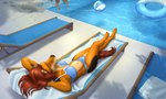 anthro balls balls_outline breasts bulge clothed clothing crossed_legs detailed_background detailed_bulge fur genital_outline genitals gynomorph hair hands_behind_head intersex outside pool_toy poolside smile sunbathing swimming_pool swimwear topwear water androidz spinningcockroach mel_(androidz) canid canine canis domestic_dog mammal 5:3 absurd_res hi_res trans_(lore) trans_woman_(lore)