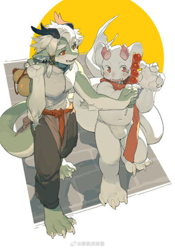 3_toes 4_fingers 4_toes 5_fingers anthro asian_clothing bottomwear brown_bottomwear brown_clothing bulge clothing duo east_asian_clothing feet fingers fundoshi gourd_bottle green_body hair horn inner_ear_fluff japanese_clothing male male/male red_eyes scarf tanghulu toes topwear tuft underwear white_body white_clothing white_hair white_topwear milkybot mythology jiachen_(milkybot) jiu_miao_(glacier_up_sun) dragon mythological_creature mythological_scalie scalie hi_res