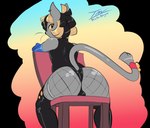 anthro big_butt black_hair blonde_hair bulge butt butt_focus clothing fishnet_clothing fishnet_legwear grey_body hair leggings legwear male rear_view sitting solo tail yellow_eyes prate-dragon jaspar_(pajamamcham) felid feline mammal alpha_channel hi_res