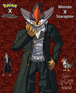 angry anthro belt_buckle biker_jacket buckle clothing feathered_crest feathers green_clothing head_crest male pupils small_pupils solo talon_hands text go-two danganronpa danganronpa:_trigger_happy_havoc nintendo pokemon spike_chunsoft mondo_owada avian bird generation_4_pokemon hybrid pokemon_(species) staraptor absurd_res english_text hi_res