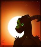 anthro green_eyes horn looking_at_viewer male outside scales sky smile solo spikes star sun sunset nature-soul mythology germanor dragon mythological_creature mythological_scalie scalie warm_colors