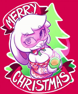 anthro beverage big_breasts breasts cleavage clothed clothing container cup female holidays looking_at_viewer merry_christmas mug pink_eyes red_background simple_background solo sweater text topwear visor senorkah christmas roxy_(senorkah) lagomorph leporid mammal rabbit animated english_text