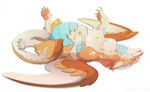 belly blue_body blue_scales chest_tuft claws digitigrade feathered_wings feathers female feral fur green_claws lying on_back pawpads pink_pawpads quadruped scales solo tail tuft white_body white_fur wings yellow_body yellow_fur dinkysaurus mythology nyarra_(milkypanda) dragon furred_dragon furred_scalie mythological_creature mythological_scalie scalie hi_res