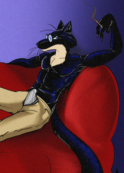 anthro athletic athletic_male biceps black_body black_claws black_fur black_nose blue_eyes border bottomwear bulge cigarette cigarette_smoke claws clothed clothing countershade_neck countershading detailed_bulge erection erection_under_clothing erection_under_underwear eyewear fur furniture genital_outline genitals glasses holding_cigarette holding_object inner_ear_fluff long_tail looking_at_viewer male multicolored_body multicolored_fur open_bottomwear open_clothing open_pants open_zipper pants pecs penis penis_outline penis_poking_out penis_through_fly pince-nez pose presenting presenting_bulge presenting_penis reclining reclining_on_sofa red_sofa relaxing smoke smoking sofa solo tail tan_bottomwear tan_clothing tan_pants tent_through_fly tenting topless topless_male tuft two_tone_body two_tone_fur underwear whiskers white_clothing white_underwear yellow_border zipper illegaleel jack_salem gulonine mammal marten mustelid musteline sable_(marten) 2025 hi_res pinup