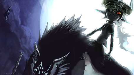 clothing detailed_background duo ear_piercing female feral fused_shadow headgear headwear humanoid_pointy_ears male moon piercing pointy_ears riding straddling nekkeau nintendo the_legend_of_zelda twilight_princess link_(wolf_form) midna canid canine canis humanoid mammal twili wolf
