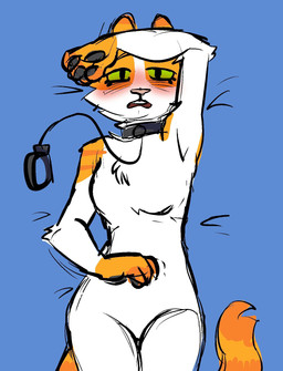 anthro bed black_leash blush blush_lines breasts female fluffy fluffy_chest fur furniture green_eyes leash simple_background small_breasts solo tail white_body white_fur yellow_body yellow_fur youtuber lana9909 yara_(nastya_klimova) domestic_cat felid feline felis mammal 4:5 hi_res