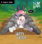 after_sex anus big_butt biped black_clothing bodily_fluids butt clothed clothing cum cum_in_vagina cum_inside dialogue easter_egg female gaping gaping_anus genital_fluids hair holidays horn lying musk musk_clouds not_furry on_front outside pink_hair rear_view solo text thick_thighs vulva hypeu easter miss_kobayashi's_dragon_maid ilulu horned_humanoid humanoid hi_res