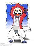 anthro black_claws claws clothing hoodie horn male smile solo themed_clothing topwear white_body yellow_eyes haylothebun bandai_namco digimon digimon_ghost_game digimon_(species) gammamon hi_res