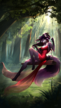 alternative_fashion anthro black_body black_fur black_hair blush blush_lines breasts butt chain clothing collar collar_on_tail colored_nails emo emo_haircut eyelashes facial_piercing fantasy_world female fluffy fluffy_tail forest forest_background fox_ears fur hair light lip_piercing multicolored_body multicolored_fur nails nature nature_background nipples pattern_background piercing piercing_bondage pigtails pink_body pink_fur pink_hair pink_nails pink_nipples plant raccoon_tail_hair red_clothing red_eyes scene_haircut simple_background sky skyscape small_breasts solo summer sunlight sunset tail tree woodland laffisa kitsibelle canid canine fox mammal 4k 9:16 absurd_res colored hi_res shaded soft_shading