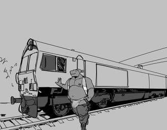 anthro belly big_bulge boots bulge clothed clothing detailed_bulge emd_class_66 footwear jockstrap looking_at_viewer male musclegut muscular nipple_piercing nipples open_clothing open_topwear open_vest outside overweight overweight_male pecs piercing shoes smile solo topwear train underwear undressing vehicle vest aviesergal electro-motive_diesel aquatic fish shark black_and_white hi_res monochrome sketch nonbinary_(lore)
