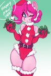 anthro anthrofied armwear camel_toe christmas_clothing christmas_headwear clothed clothing eyebrows eyelashes female gift gradient_background hat headgear headwear holidays looking_at_viewer one_eye_closed santa_hat simple_background solo text tolsticot christmas friendship_is_magic hasbro my_little_pony pinkie_pie_(mlp) earth_pony equid equine horse mammal pony 2023 digital_media_(artwork) english_text hi_res