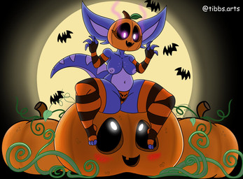 anthro blue_body breasts clothing duo female food for_a_head fruit holidays panties plant pumpkin pumpkin_head purple_eyes underwear tibbs halloween mythology spooky_month star_(tibbs) dragon mythological_creature mythological_scalie object_head scalie hi_res