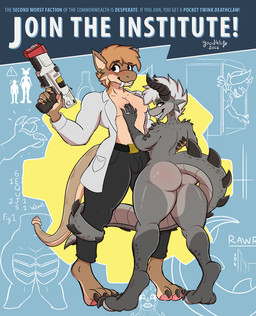 anthro big_butt blush butt claws clothed clothing coat digit_ring duo feet femboy gun hand_on_chest horn jewelry lab_coat looking_at_viewer male male/male mohawk nude partially_clothed piercing poster ranged_weapon ring sharp_teeth size_difference smile tail tail_around_leg tail_around_partner teeth text thick_thighs toe_ring toes topwear weapon wide_hips good4life4ever fallout microsoft chupacarba_(good4life4ever) gevaudan_(good4life4ever) deathclaw night_stalker_(fallout) scalie hi_res