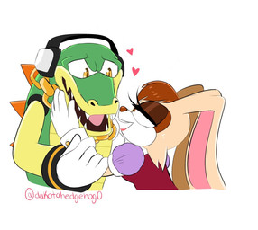 anthro back_spikes brown_eyes chain chain_necklace clothing dress electronics female floppy_ears gloves gold_(metal) gold_chain hand_on_face handwear head_tuft headphones heart_symbol jewelry lop_ears male necklace snout spikes spikes_(anatomy) tuft yellow_eyes sakuu sega sonic_the_hedgehog_(series) vanilla_the_rabbit vector_the_crocodile crocodile crocodilian lagomorph leporid mammal rabbit reptile scalie hi_res
