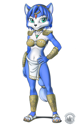 accessory anthro arm_markings armor bandeau bikini_armor blue_body blue_fur blue_hair bottomwear choker circlet clothing female footwear fur furgonomics green_eyes hair hair_accessory hairband hand_on_hip jewelry leg_markings loincloth markings multicolored_body multicolored_fur necklace pauldron pendant sandals shoes simple_background solo tail tail_accessory thigh_markings topwear two_tone_body two_tone_fur unconvincing_armor vambrace white_background white_body white_fur mysticalpha nintendo star_fox krystal_(star_fox) canid canine fox mammal 2025 absurd_res hi_res