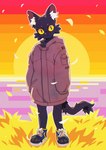 anthro biped black_body black_fur clothed clothing eyebrows footwear fur inner_ear_fluff looking_at_viewer male shoes solo tail tuft yellow_eyes miri domestic_cat felid feline felis mammal 2023 hi_res