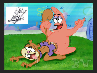all_fours anthro black_border bodily_fluids border butt female flower_cloud_(spongebob) grass looking_pleasured male open_mouth outside plant sex smile sweat tail tail_pull bolillo_werito nickelodeon spongebob_squarepants patrick_star sandy_cheeks aquatic asterozoan echinoderm starfish absurd_res hi_res official_art reference_image sketch