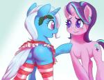 2017 blue_hair blush bodily_fluids bottomwear butt christmas clothed clothed_feral clothing cutie_mark duo equid equine eyebrows eyelashes female feral friendship_is_magic grin hair hasbro holidays holly_(plant) hooves horn legwear mammal multicolored_hair my_little_pony mythological_creature mythological_equine mythology nervous open_mouth open_smile pattern_clothing pattern_legwear pattern_stockings plant purple_eyes purple_hair raikoh-illust rear_view simple_background skirt smile standing starlight_glimmer_(mlp) stockings striped_clothing striped_legwear striped_stockings stripes sweat teeth thigh_highs trixie_(mlp) two_tone_hair unicorn