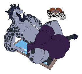 anthro balls_outline big_bulge biped bulge cloven_hooves detailed_bulge genital_outline hooves horn huge_bulge hyper hyper_bulge long_tongue macro male male_anthro musclegut muscular muscular_anthro muscular_male open_mouth ossicone pecs pool solo tongue tongue_out unguligrade yaudizz giraffe giraffid mammal hi_res