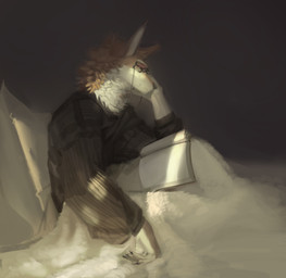anthro black_clothing black_nose black_topwear book cheek_tuft clothed clothing eyes_closed eyewear facial_tuft fur glasses male male_anthro mouth_closed neck_tuft orange_body orange_fur rectangular_glasses sitting solo topwear tuft white_body white_fur awaldkize canid canine mammal absurd_res hi_res
