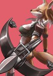 anthro breasts butt clothed clothing crossbow crossbow_bolt female fur holding_crossbow looking_at_viewer orange_body orange_fur orange_tail ranged_weapon simple_background solo tail weapon white_body white_fur ushiromukipubl feda:_the_emblem_of_justice dora_systeel canid canine fox mammal 2019