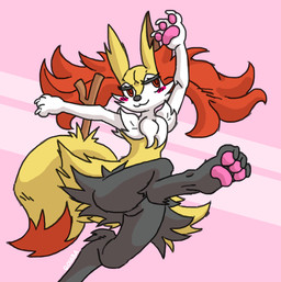 3_fingers 3_toes :3 ambiguous_anthro ambiguous_gender anthro arm_tuft big_tail biped black_body black_claws black_fur black_nose blush blush_lines blush_stickers cheek_tuft chest_tuft claws digitigrade dipstick_tail eyelashes facial_tuft featureless_crotch feet finger_claws fingers front_view fur handpaw hindpaw hip_tuft inner_ear_fluff looking_away low-angle_view markings mouth_closed multicolored_body multicolored_fur nude_ambiguous nude_anthro object_in_tail orange_body orange_fur orange_inner_ear_fluff orange_tail_tip pawpads paws pink_background pink_pawpads raised_arms raised_leg red_eyes shoulder_tuft simple_background solo stick stick_in_tail tail tail_markings thick_eyelashes toe_claws toes tuft two_tone_tail white_body white_claws white_fur yellow_body yellow_fur yellow_tail goiaba nintendo pokemon braixen canid generation_6_pokemon mammal pokemon_(species) 2018 cel_shading colored digital_drawing_(artwork) digital_media_(artwork) english_description hi_res portrait shaded signature three-quarter_portrait male_(lore)