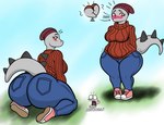 anthro awooga_(meme) beanie big_breasts big_butt blush breasts butt butt_focus cavemanon_studios clothing colored dinosaur dizzy_weas erin_(snoot_game) female footwear grey_body grey_scales hat headgear headwear hi_res huge_butt human long_tail mammal pink_clothing pink_footwear pink_shoes plantigrade prehistoric_species red_eyes reptile scales scalie shoes simple_background slightly_chubby snoot_game snout solo spiked_back spiked_tail spikes spikes_(anatomy) standing sweater tail topwear wide_hips