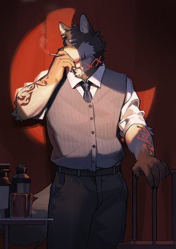 anthro arm_tattoo belt black_necktie blue_eyes bottle bottomwear buttoned_clothing chair cigarette clothing collared_shirt container fur furniture grey_body grey_bottomwear grey_clothing grey_fur grey_hair grey_pants hair inner_ear_fluff looking_away male neck_tattoo necktie pants red_curtains red_tattoo rolled_up_sleeves shirt smoking smoking_cigarette solo standing table tan_body tan_fur tattoo topwear tuft vest white_body white_clothing white_fur white_inner_ear_fluff white_shirt white_topwear 9x8bit canid canine canis mammal wolf absurd_res hi_res