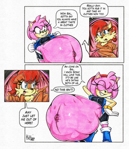 anthro belly big_belly blue_eyes breasts brown_body brown_fur clothing duo female fur gloves hair handwear huge_belly overweight pink_body red_hair simple_background speech_bubble text unbirthing vaginal vore white_background killboo sega sonic_the_hedgehog_(series) amy_rose sally_acorn eulipotyphlan hedgehog mammal rodent sciurid 2026 comic english_text hi_res