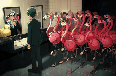 ambiguous_gender avian_feet bathroom beak being_watched biped clothed clothing feathers feet feral group inside looking_at_another male membrane_(anatomy) mirror necktie pink_body pink_feathers reflection sink size_difference straightening_tie suit toes webbed_feet what yellow_body yellow_feathers nicca11y nintendo pokemon larry_(pokemon) avian bird flamigo flamingo generation_7_pokemon generation_9_pokemon humanoid mammal oricorio pokemon_(species) pom-pom_oricorio digital_media_(artwork)
