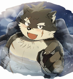 anthro bare_chest bathing blush eyebrows fur grey_body grey_fur hot_spring looking_at_viewer male nipples partially_submerged pecs smile solo thick_eyebrows water zri_088 lifewonders tokyo_afterschool_summoners moritaka_(tas) canid canine canis domestic_dog mammal hi_res