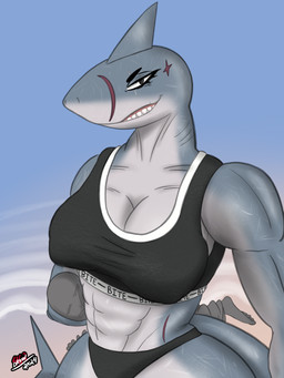 abs age_difference anthro areola_outline beach big_breasts bikini black_bikini black_clothing black_swimwear blue_body blue_skin breasts chokehold cleavage clothed clothing colored_edge_bikini dominant dominant_anthro dominant_female duo female gills grey_body grey_skin headlock male male/female midriff multicolored_body multicolored_skin muscular muscular_anthro muscular_female older_anthro older_female scar scars_all_over sharp_teeth smile smiling_at_viewer submissive submissive_human submissive_male swimwear teeth two-piece_swimsuit two_tone_body two_tone_skin drow462 brucie_(word360) aquatic fish great_white_shark human mackerel_shark mammal shark white_shark 3:4 hi_res