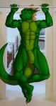 abs anthro balls biceps claws exercise flaccid foreskin genitals green_balls green_body green_eyes green_penis green_scales horn humanoid_genitalia humanoid_penis inside legs_up male muscular muscular_anthro muscular_male nipples nude nude_workout obliques pecs penis scales smile solo tail teeth toe_claws triceps saruuk sar lizard reptile scalie hi_res