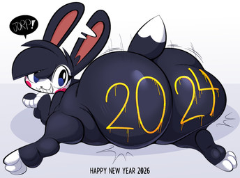 anthro big_butt blue_eyes bodypaint butt dipstick_tail exclamation_point grey_body grey_hair hair holiday_message holidays huge_butt looking_at_viewer looking_back male markings nude painted_butt sitting smile solo speech_bubble tail tail_markings text thick_thighs ekkokenight new_year mime_(ekkokenight) lagomorph leporid mammal rabbit english_text hi_res