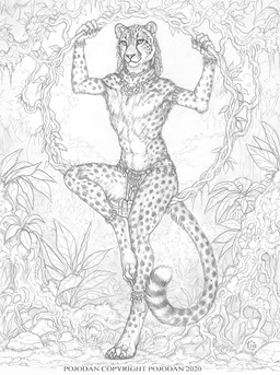 abs anthro bottomwear bracelet clothing female jewelry loincloth looking_at_viewer necklace plant sitting solo text vines year dark_natasha cheetah felid feline mammal 2020 monochrome signature