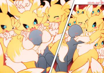 anthro big_breasts black_sclera blue_eyes blush breasts dipstick_ears dipstick_tail ear_markings faceless_character faceless_male female female_anthro fur group hug interspecies intraspecies male male/female markings multicolored_body multicolored_ears multicolored_fur multicolored_tail open_mouth smile tail tail_markings white_body white_fur yellow_body yellow_fur hinata_sakamoto bandai_namco digimon anon canid digimon_(species) human mammal renamon digital_media_(artwork)