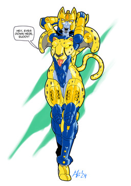 anthro armor crossgender cute_fangs fangs female headgear helmet horn horned_helmet looking_at_viewer machine markings solo spots spotted_body tail teeth text thick_thighs tongue tongue_out yellow_eyes madprojectarts hasbro takara_tomy transformers transformers:_beast_wars cheetor cheetah cybertronian felid feline mammal robot hi_res