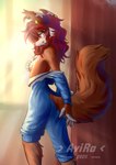 anthro breasts clothing female fingers hair hand_on_breast kigurumi looking_at_viewer looking_back morning onesie red_hair small_breasts solo undressing avilisra kawanima canid canine fox mammal 2025 digital_media_(artwork) hi_res