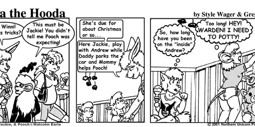anthro breasts clothed clothed_female clothed_male clothing crib dialogue diaper dress female fur group hair male open_mouth plushie pregnant pregnant_female purse rattle teddy_bear text thought_bubble wearing_diaper style_wager dela_the_hooda andrew_o'grady jackie_(maxblackrabbit) pooch_(maxblackrabbit) sheena_(maxblackrabbit) winni_(dela_the_hooda) wolverine_(marvel) canid lagomorph leporid mammal mouse murid murine rabbit rodent 2001 comic english_text greyscale monochrome