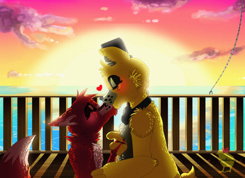 anthro blush bow_(feature) bow_tie cloud duo fur heart_symbol kissing machine male male/male one_eye_closed red_body red_fur sea sunset text water yellow_body yellow_fur hiyoko five_nights_at_freddy's scottgames foxy_(fnaf) golden_freddy_(fnaf) animatronic bear canid canine fox mammal robot absurd_res digital_media_(artwork) english_text hi_res