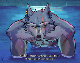 anthro black_nose caption chest_scar dialogue eye_scar facial_scar fur grey_body grey_fur male nipples partially_submerged scar shoulder_scar solo text water wet wet_body wet_fur darkteon dislyte i'll_teach_you_everything_(chainsaw_man) lilith_games freddy_(dislyte) canid canine canis mammal wolf english_text