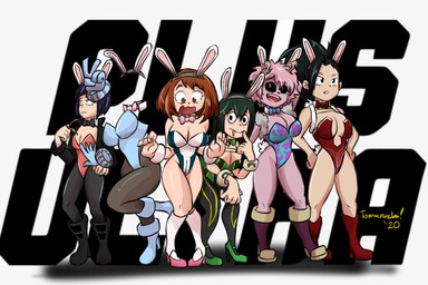 2_horns 5_fingers bangs big_breasts biped black_boots black_bow_tie black_clothing black_eyebrows black_eyes black_footwear black_hair black_jacket black_leggings black_legwear black_leotard black_sclera black_text black_topwear blue_boots blue_clothing blue_footwear blue_gloves blue_hair blue_handwear blue_leotard boots bow_tie breast_size_difference breasts brown_eyes brown_hair bunny_costume cleavage clothed clothing costume embarrassed eyebrow_through_hair eyebrows eyelashes fake_ears fake_rabbit_ears fake_tail female female_human female_humanoid fingers footwear gesture gloves green_clothing green_footwear green_hair green_leotard green_shoes group hair hand_gesture handwear high_heeled_boots high_heels horn invisible jacket leather leather_clothing leather_jacket leather_topwear leggings legwear leotard long_hair looking_at_viewer looking_down looking_down_at_self medium_breasts multicolored_boots multicolored_clothing multicolored_footwear multicolored_leotard on_one_leg open_clothing open_jacket open_mouth open_smile open_topwear pink_body pink_bow_tie pink_clothing pink_footwear pink_hair pink_leotard pink_shoes pink_skin pink_tongue plantigrade ponytail pupils purple_boots purple_bow_tie purple_clothing purple_footwear purple_leotard raised_eyebrows red_boots red_bow_tie red_clothing red_footwear red_leotard shirt_collar shoes short_hair skimpy smile socks standing strapless_clothing strapless_leotard tan_boots tan_clothing tan_footwear tan_horn teal_bow_tie teal_clothing teal_leotard teeth text tongue tongue_out topwear translucent translucent_hair two_tone_boots two_tone_clothing two_tone_footwear two_tone_leotard v_sign white_clothing white_footwear white_leotard white_socks wide_eyed yellow_clothing yellow_eyes yellow_leotard tomaruchi my_hero_academia ashido_mina asui_tsuyu kyoka_jiro momo_yaoyorozu ochaco_uraraka toru_hagakure amphibian amphibian_humanoid animal_humanoid frog_humanoid horned_humanoid human humanoid mammal quirked_human_(my_hero_academia) 2020 3:2 dated english_text hi_res signature