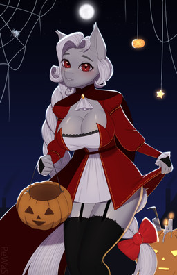 5_fingers anthro big_breasts blush breasts clothing dress female fingers food fruit hair holidays legwear moon plant pumpkin red_clothing red_dress red_eyes smile solo stockings white_hair wide_hips pewas halloween equid equine horse mammal pony vampire absurd_res hi_res