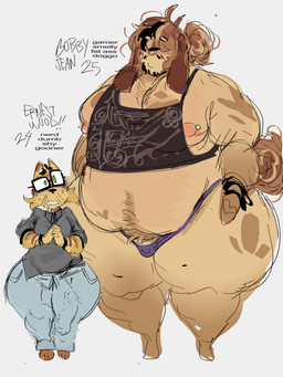 anthro barbell_piercing beard bottomwear brown_body brown_fur bulge cheek_tuft clothing collared_shirt crop_top denim denim_bottomwear denim_clothing detailed_bulge down_the_leg_bulge duo eyewear facial_hair facial_piercing facial_tuft floppy_ears fur glasses hair hair_bun hair_over_eyes jeans male multicolored_body multicolored_fur nipple_barbell nipple_piercing nipples nose_piercing nose_ring overweight overweight_anthro overweight_male pants piercing polo_shirt ring_piercing shirt size_difference text thick_thighs thong topwear tuft two_tone_body two_tone_fur underwear wide_hips gat0pussy24 bobby_(gat0pussy24) eenest_(gat0pussy24) canid canine canis domestic_cat domestic_dog felid feline felis mammal 3:4 english_text hi_res