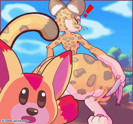 3_toes anthro back_boob barefoot big_butt breasts brown_body brown_fur butt claws clitoris curling_toes detailed_background dipstick_tail duo feet female feral fur genitals gesture hand_gesture hindpaw huge_butt huge_thighs looking_at_viewer looking_back looking_back_at_viewer markings orange_body orange_fur outside pawpads paws pink_pawpads pointing pointing_at_another presenting presenting_hindquarters purple_eyes soles solo_focus spots spotted_body spotted_fur tail tail_markings text thick_thighs toes vulva white_body white_fur wide_hips umaishiru kirby_(series) nintendo two_soyjaks_pointing clawroline awoofy canid felid leopard mammal pantherine 2022 artist_name digital_drawing_(artwork) digital_media_(artwork) english_description