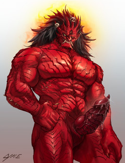 3_eyes abs animal_genitalia biceps bodily_fluids bone claws erection genital_fluids genital_slit genitals hair knot lykke male multi_eye muscular muscular_male not_furry pecs penis red_body ridged_penis simple_background skull solo standing begtse_(god_of_war) colored digital_drawing_(artwork) digital_media_(artwork) hi_res portrait