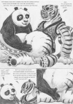 anthro bear belly big_belly bottomless clothed clothing dreamworks duo english_text felid female genitals giant_panda greyscale hi_res interspecies kung_fu_panda leovictor male mammal master_po_ping master_tigress monochrome pantherine pregnant pussy tail text tiger unborn_kicking