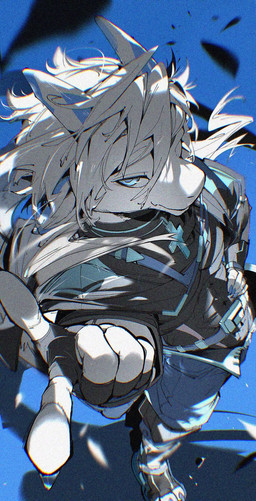 3_toes 5_fingers abs anthro belt_buckle biped black_bottomwear black_clothing black_fingerless_gloves black_footwear black_gloves black_handwear black_pants black_shirt black_shoes black_topwear blue_background blue_bottomwear blue_claws blue_clothing blue_eyes blue_pants blue_pupils bottomwear buckle claws closed_smile clothed clothed_anthro clothed_male clothing cross cross_necklace feet finger_claws fingerless_gloves fingers footwear front_view fully_clothed fully_clothed_anthro fully_clothed_male gesture gloves hair hand_gesture hand_on_hip hand_on_own_hip handwear high-angle_view jewelry looking_at_viewer male mouth_closed navel necklace pants plantigrade pose pupils shirt shoes simple_background smile snout solo toe_claws toes topwear white_hair white_sclera chiayeeee unknown_species 2026 chromatic_aberration compression_artifacts full-length_portrait hi_res portrait